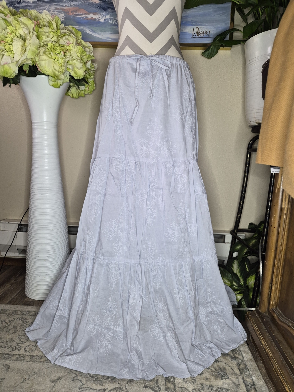 Women's Cream Tiered Maxi Skirt with Drawstring Waist